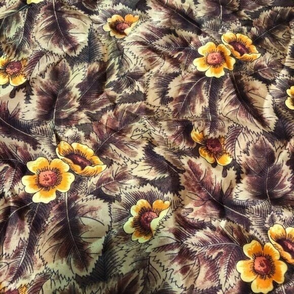 Vintage Brown Floral Square Scarf Japan 26x26 Hand Rolled - Picture 2 of 6